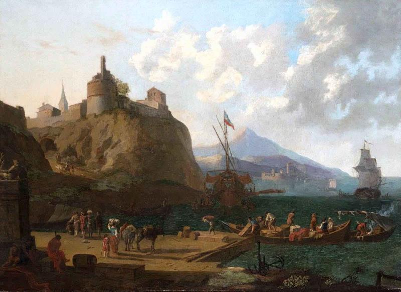 Adriaen Coorte A  mediterranean harbour scene with numerous figures on a que beneath a fort oil painting picture